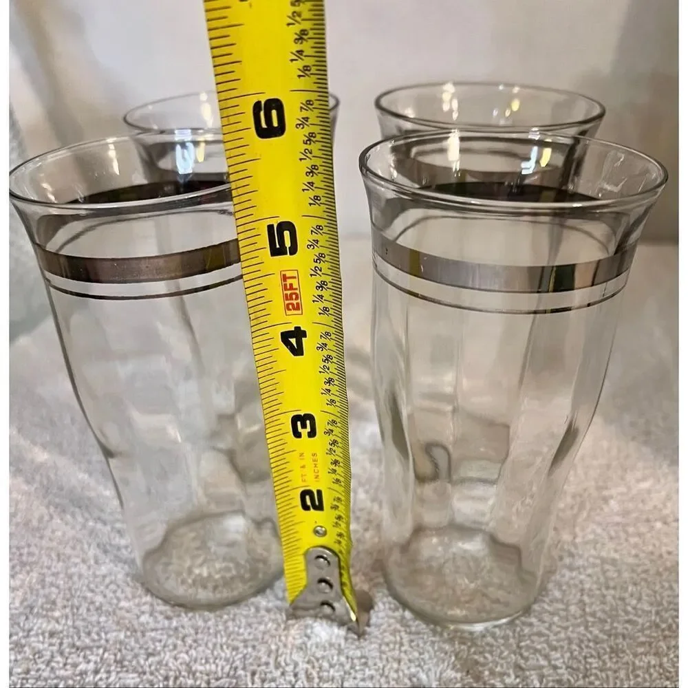 Set of 4 Vintage Ribbed Federal Glasses With Silver Rims